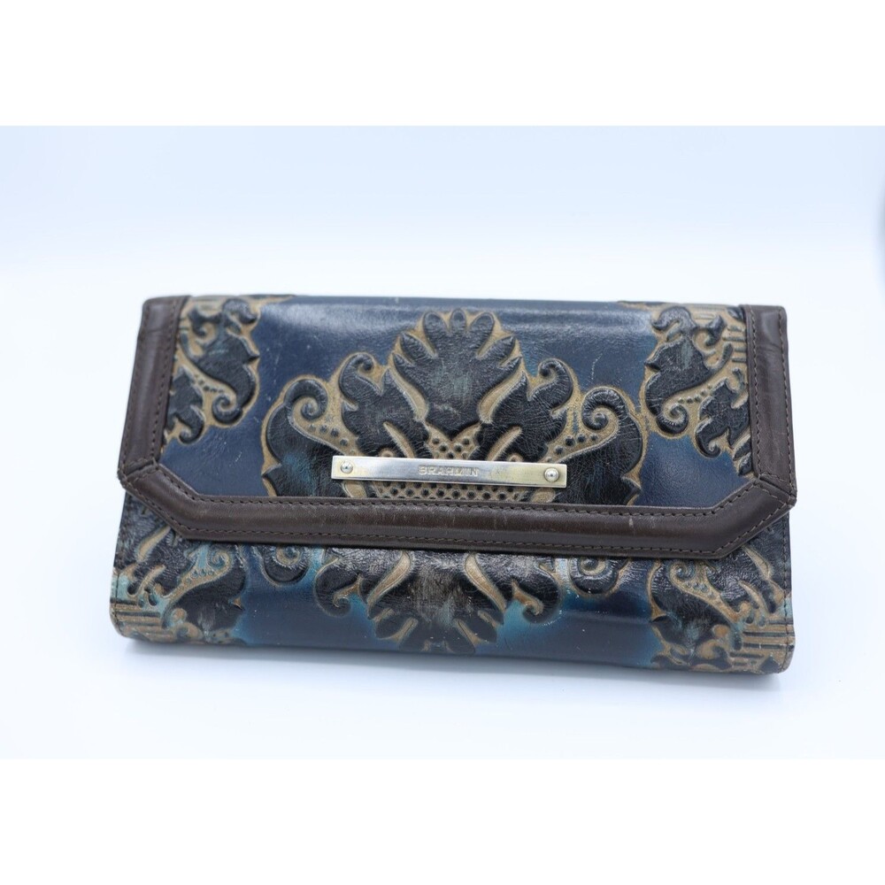 Brahmin Navy And Brown Fresco Embossed Soft Checkbook Style Wallet Leather